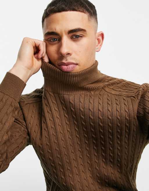 Selected Homme Pull col roul en maille torsad e de coton Fauve TAN