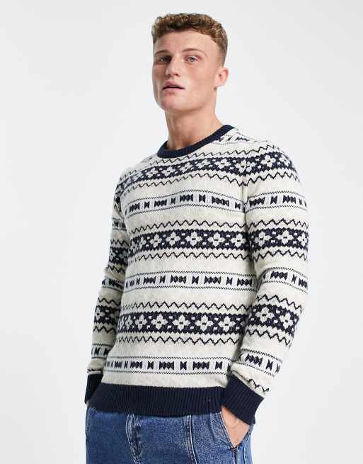 Pull en laine pour hommes, pull jacquard nordique en pure laine