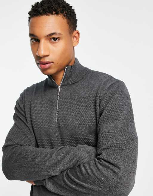 Selected Homme Pull en maille rayures textur es avec fermeture clair partielle Gris