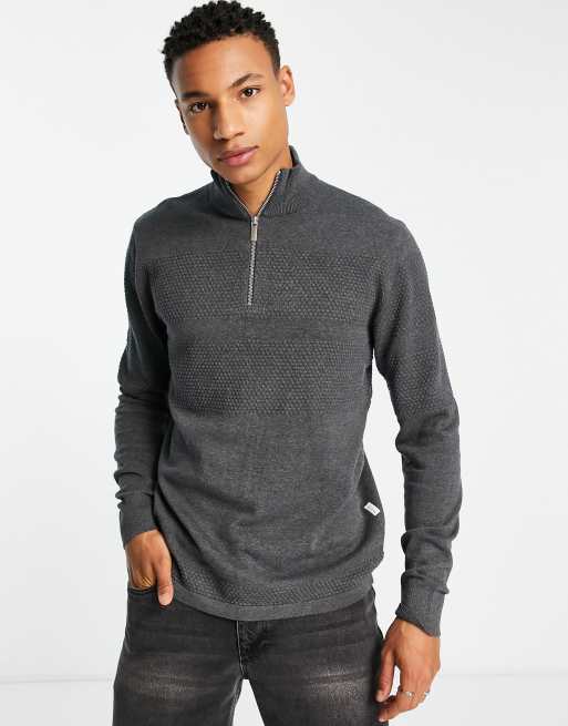 Selected Homme Pull en maille rayures textur es avec fermeture clair partielle Gris