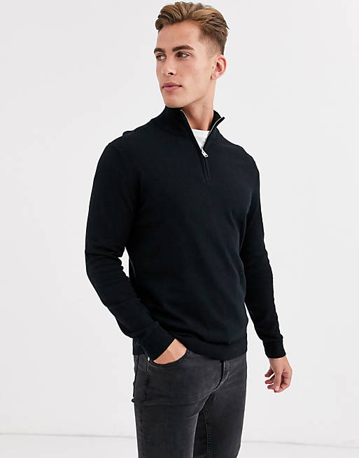 Selected Homme quarter zip knitted jumper in black | ASOS