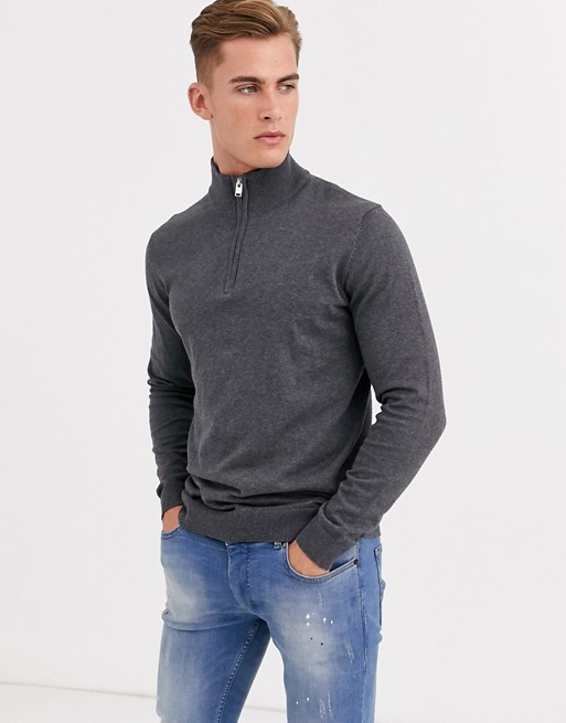 Selected Homme quarter zip knitted jumper in grey melange