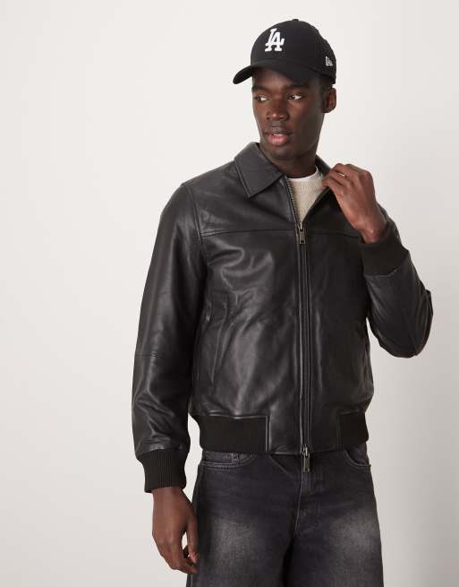 Selected Homme - Recht leren jack met kraagje in zwart
