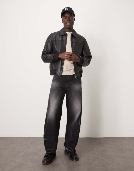 Selected Homme - Recht leren jack met kraagje in zwart, 2 van 4