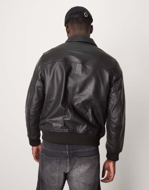 Selected Homme - Recht leren jack met kraagje in zwart, 4 van 4
