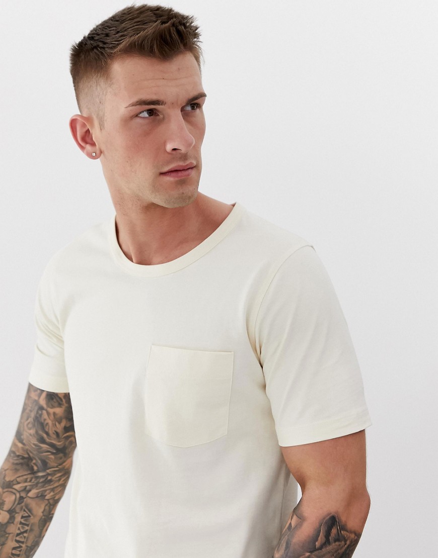 Selected Homme - Recht T-shirt met een zak in citroengeel-Wit