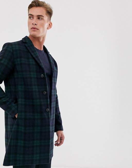 Selected Homme recycled wool overcoat in blackwatch check