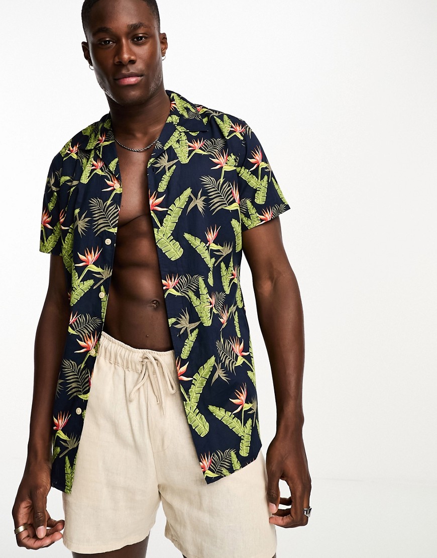 Selected Homme regular fit shirt in leaf print in navy