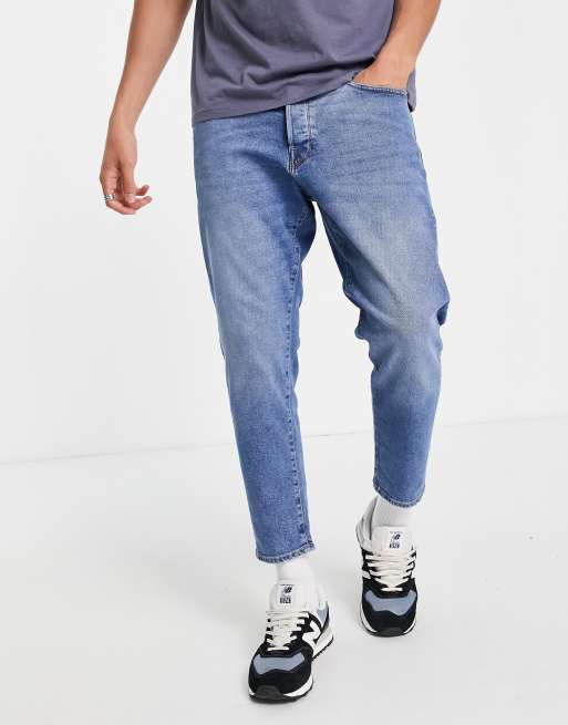 Selected Homme relaxed crop jean in stone wash blue with cotton