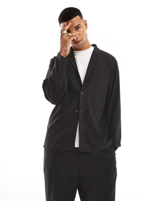 Selected Homme relaxed fit plisse suit blazer in black 
