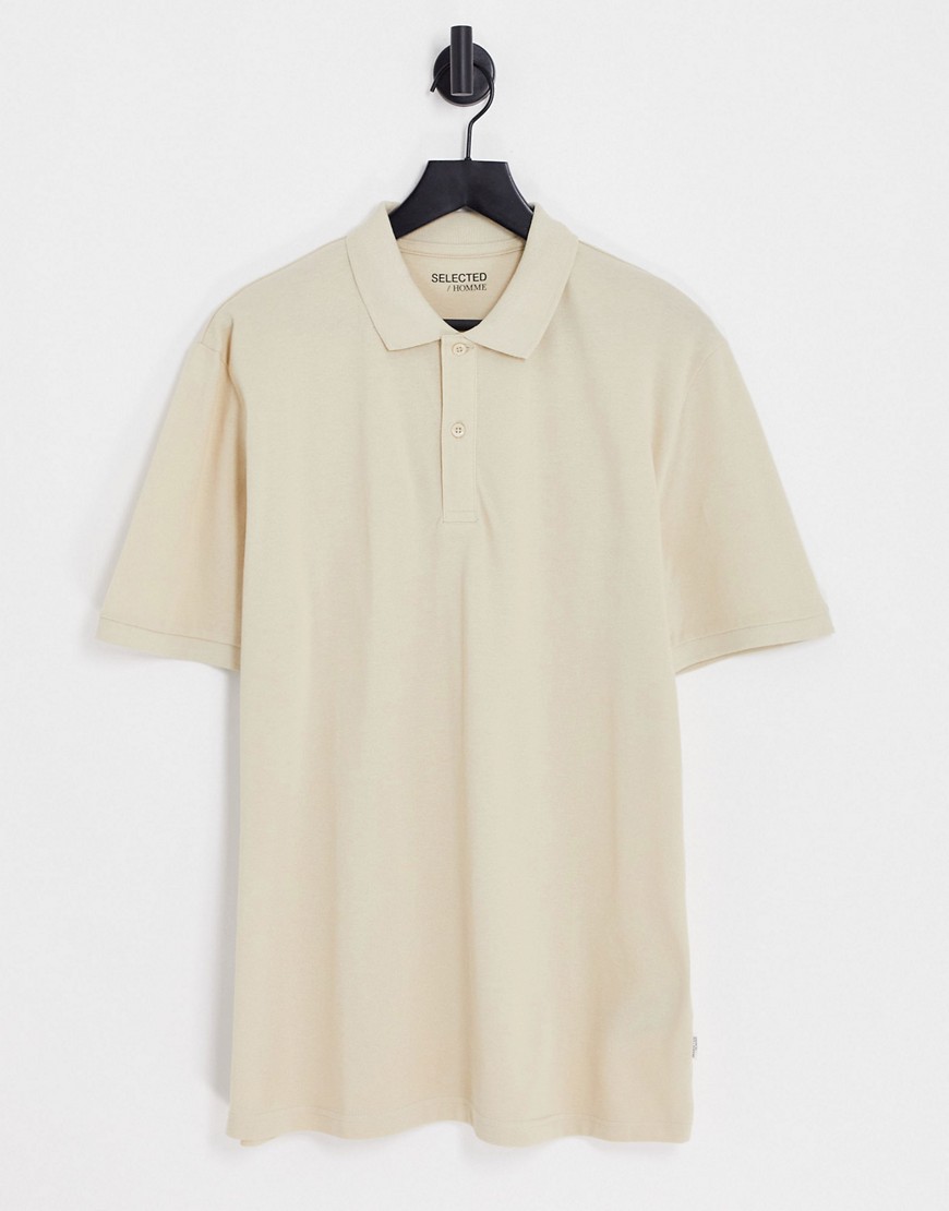 Selected Homme relaxed fit polo in light beige-Neutral