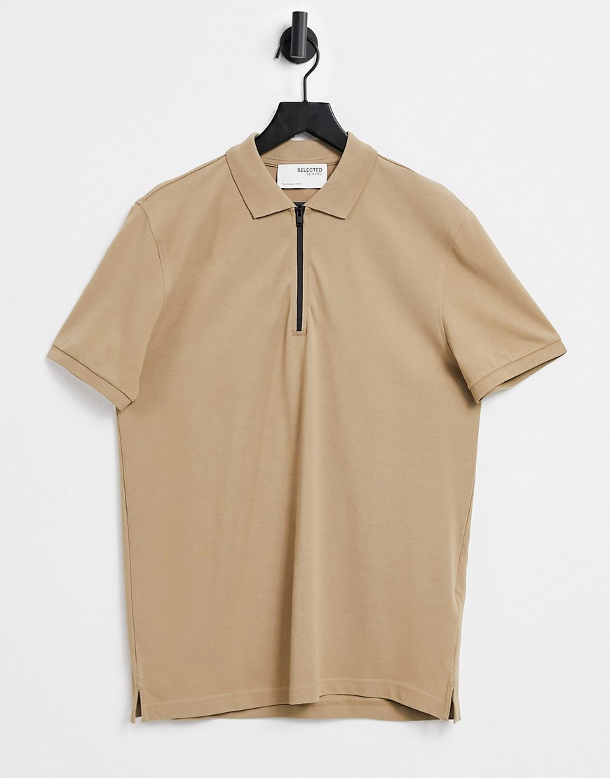 Selected Homme relaxed fit polo with black zip in beige-Neutral