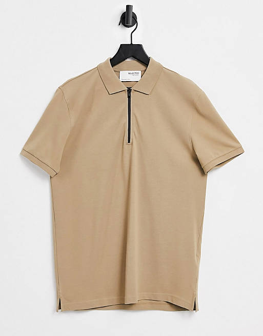 Selected Homme relaxed fit polo with black zip in beige