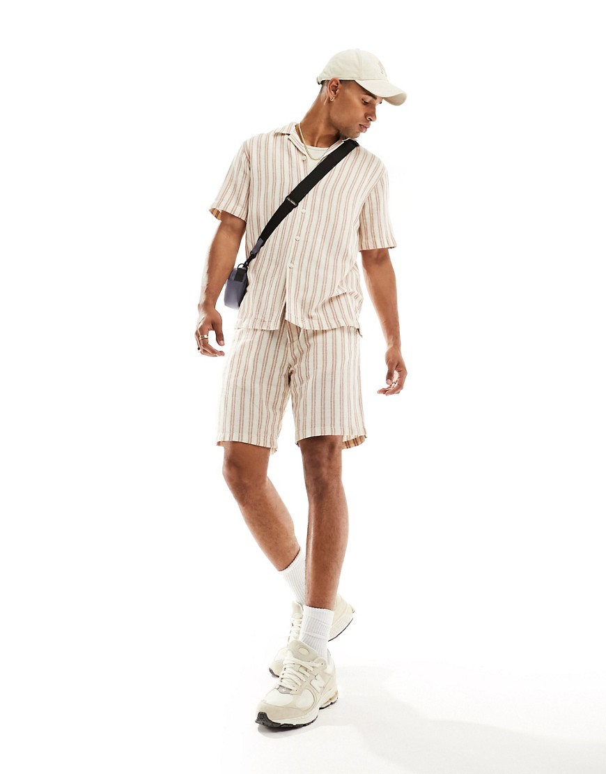 Selected Homme relaxed fit short co-ord in heavy cotton in beige with stripe-Neutral