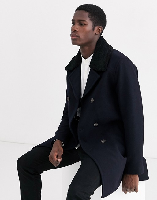 Selected Homme removable borg collar overcoat in navy