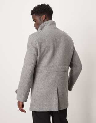 Selected Homme Reuben Overcoat With Funnel Neck In Gray