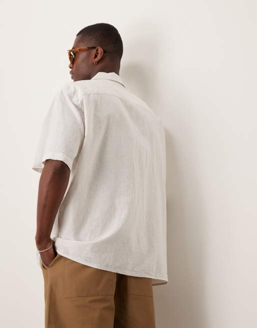 Selected Homme revere collar linen blend shirt in white stripes