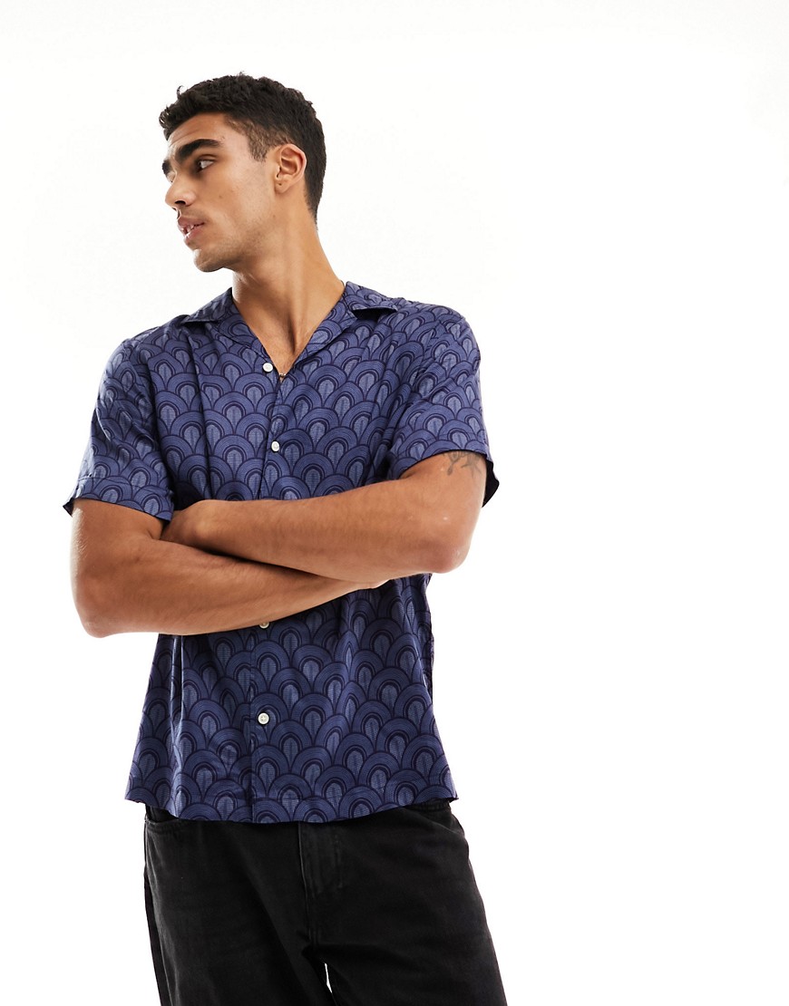 Selected Homme revere collar oversized shirt in navy mosaic print