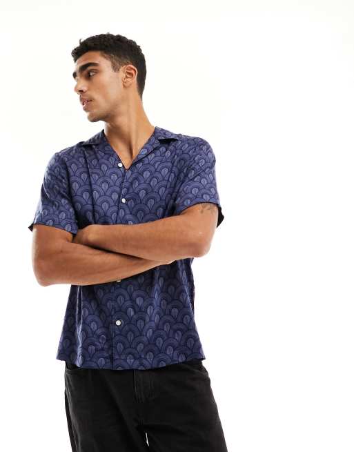 Selected Homme revere collar oversized shirt in navy mosaic print 