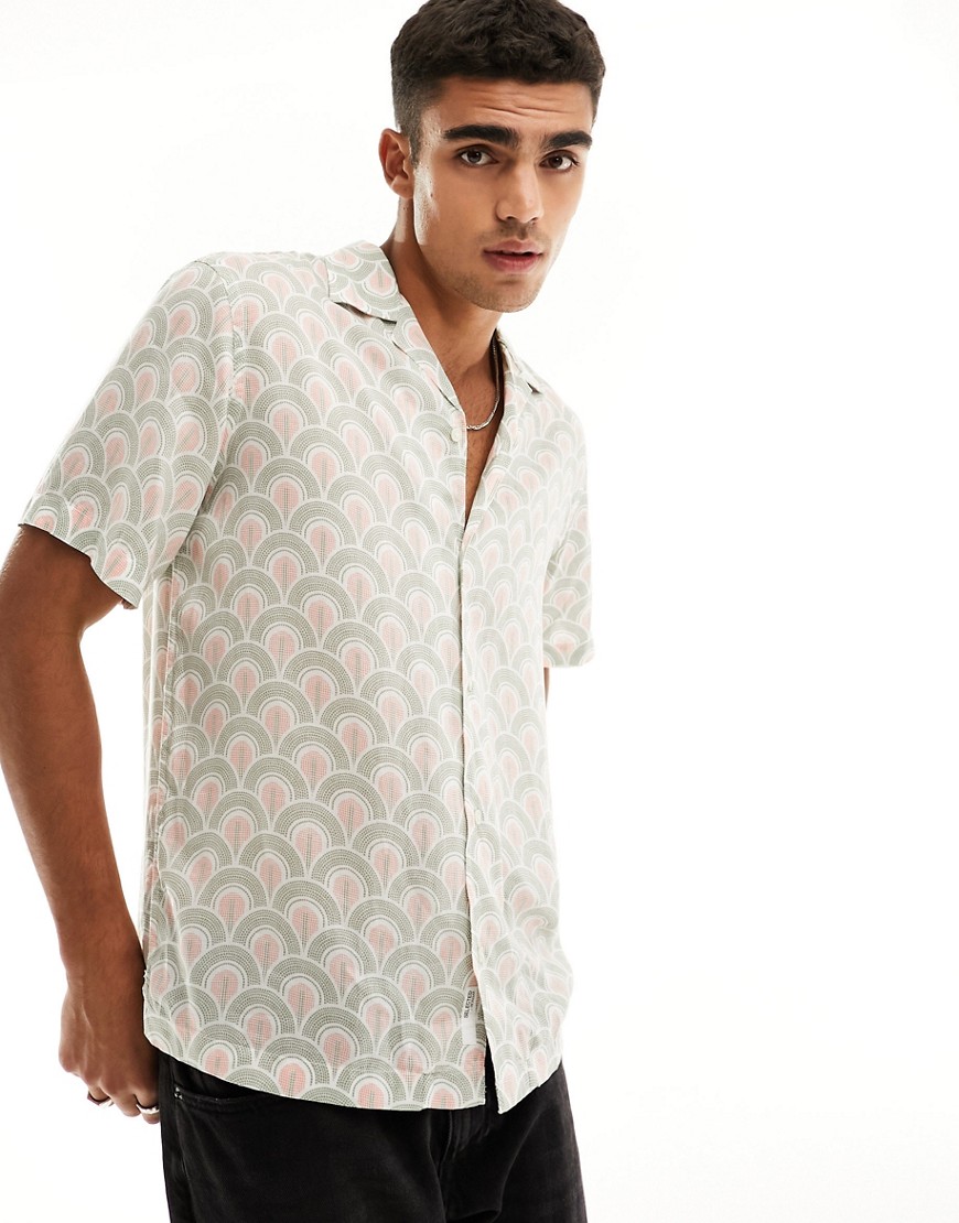 Selected Homme revere collar oversized shirt in pastel mosaic print-Green