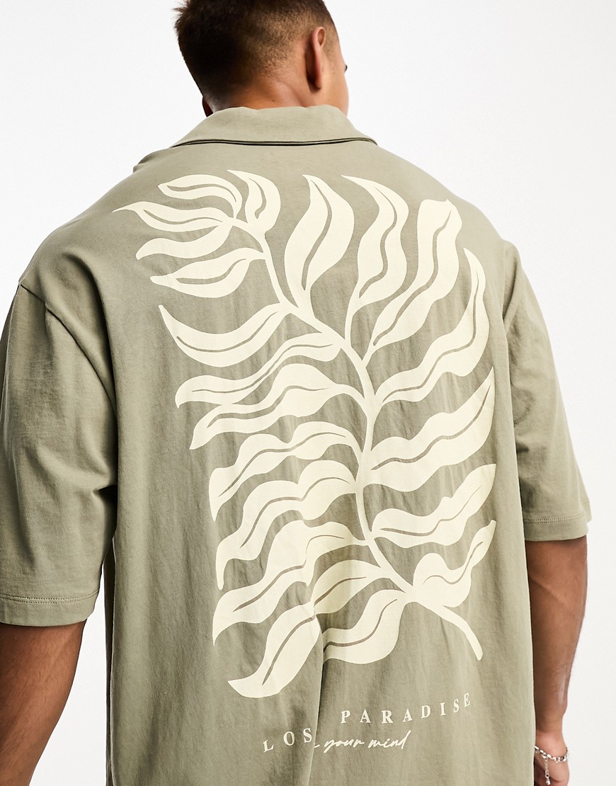 Selected Homme Revere Collar Oversized Shirt With Back Print In Khaki-green