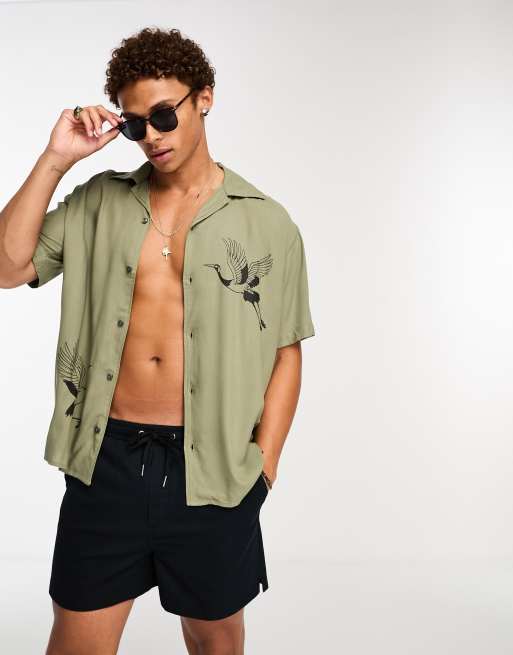 Selected Homme revere collar oversized shirt with bird print in khaki