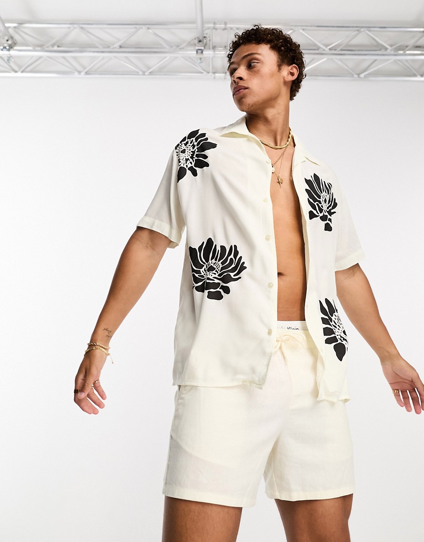 Selected Homme revere collar oversized shirt with floral print in white