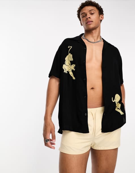 Selected Homme revere collar oversized shirt with tiger print in black - view 1