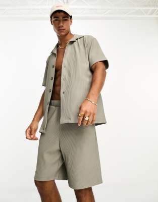 Selected Homme Revere Collar Plisse Shirt In Khaki - Part Of A Set-green In Green