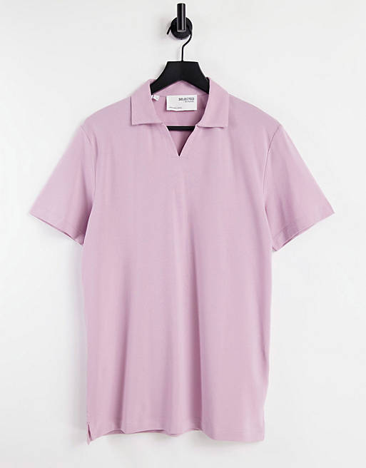 Selected Homme revere collar polo in pink in organic cotton