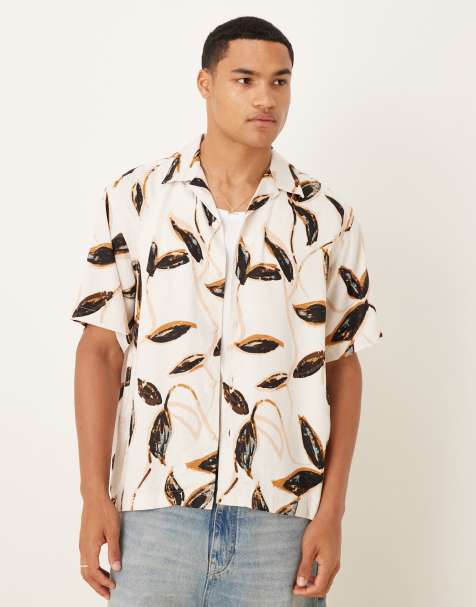 Selected Homme revere collar shirt in cream brown leaf print - view 1