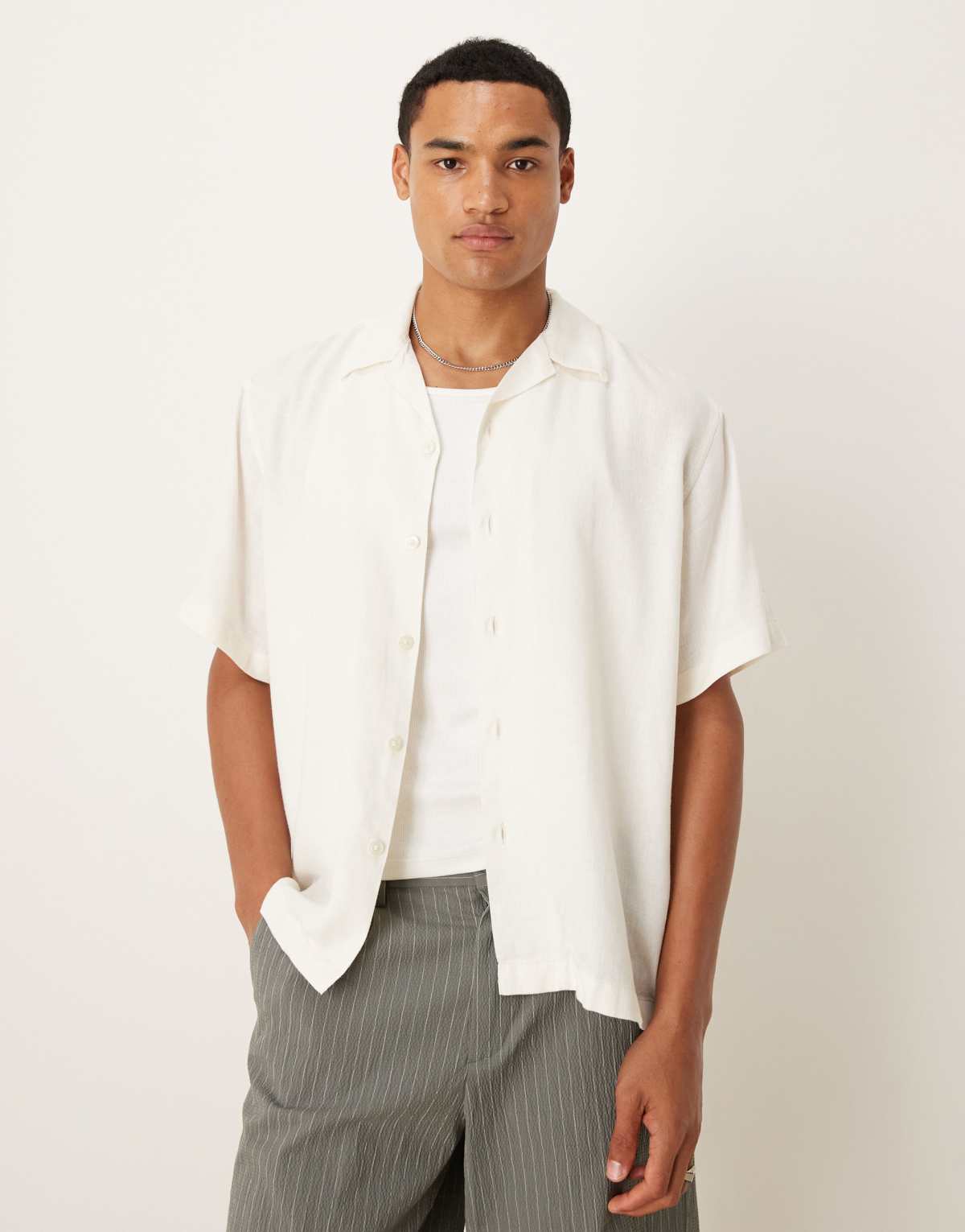 Selected Homme revere collar shirt in cream herringbone pattern texture