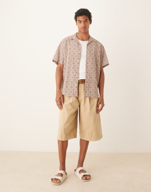 Selected Homme revere collar shirt in tan geo print