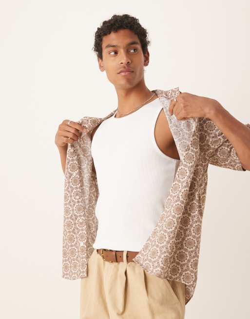 Selected Homme revere collar shirt in tan geo print