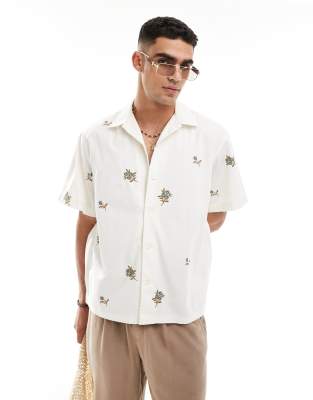 Selected Homme Revere Collar Shirt With All Over Applique Flowers In Cream-white