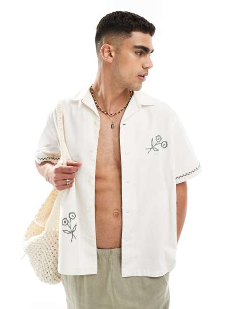 Selected Homme revere collar shirt with green floral print in cream - view 1