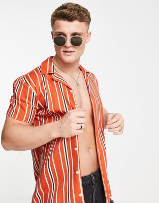 Selected Homme revere shirt in orange and navy vertical stripe - ASOS Price Checker