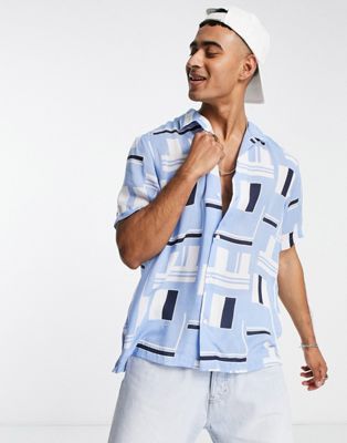 Selected Homme revere short sleeve shirt in blue block print