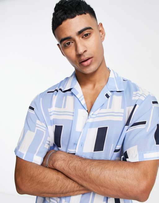 Selected Homme revere short sleeve shirt in blue block print, 2 of 4