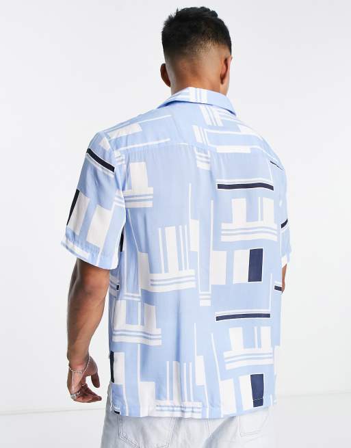 Selected Homme revere short sleeve shirt in blue block print, 3 of 4