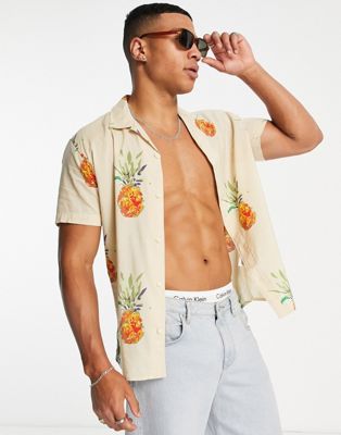 Selected Homme revere short sleeve shirt with pineapple print in beige