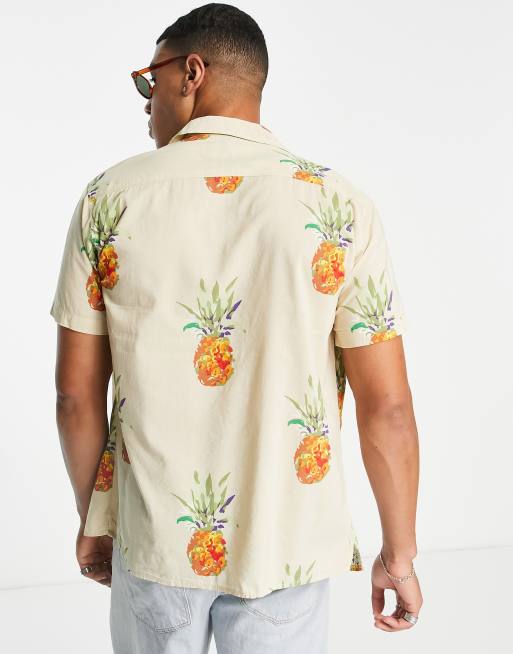 Selected Homme revere short sleeve shirt with pineapple print in beige