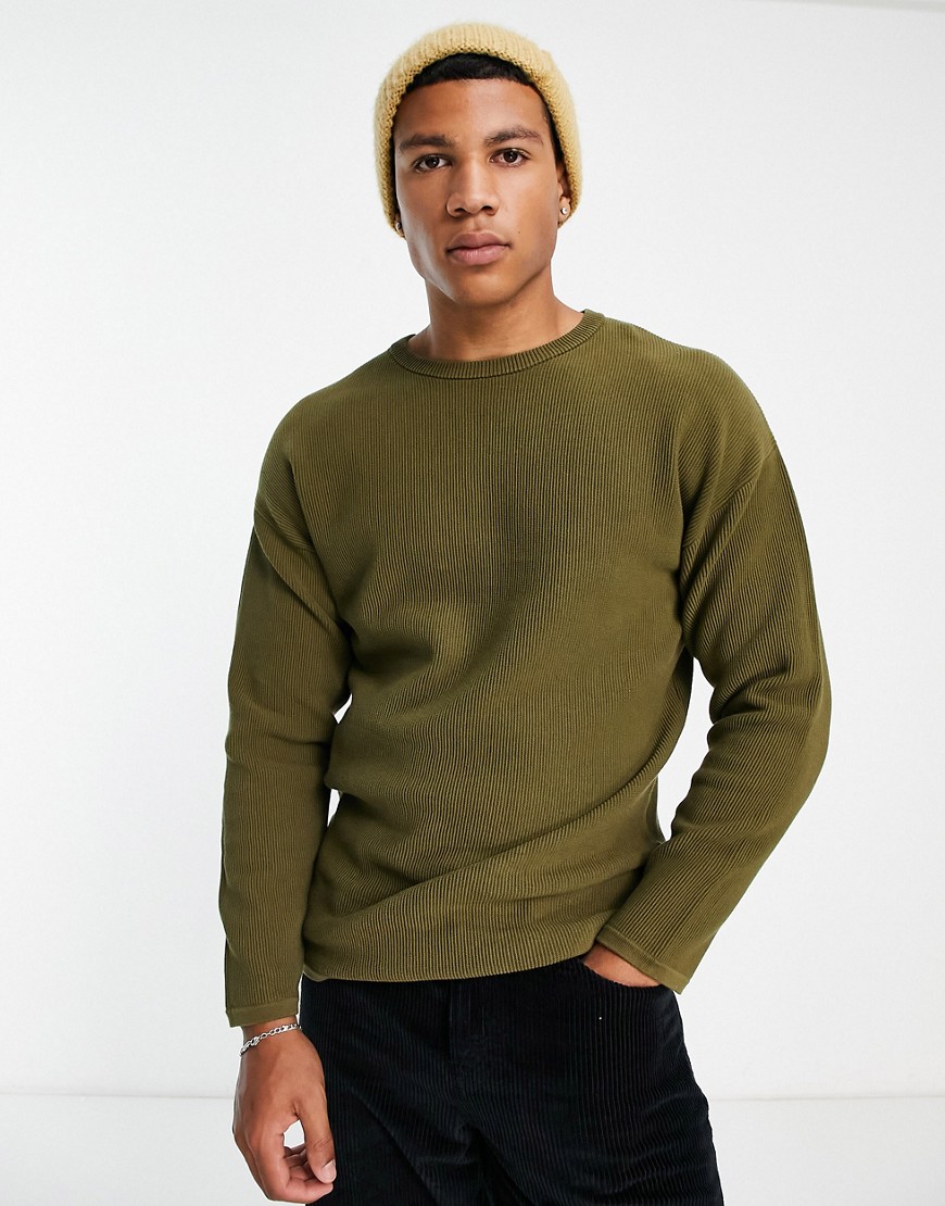selected homme ribbed crew neck knitted jumper in khaki-green