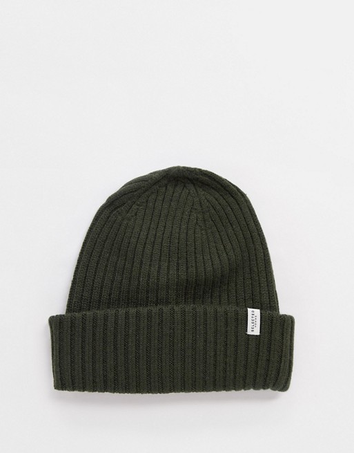 Selected Homme ribbed wool beanie in green