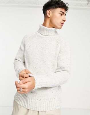 Selected Homme roll neck chunky knit jumper in off white