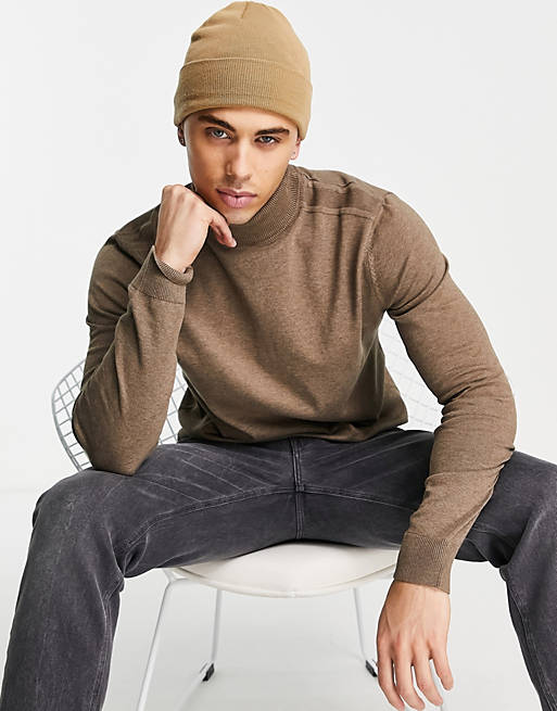 Selected Homme roll neck jumper in brown