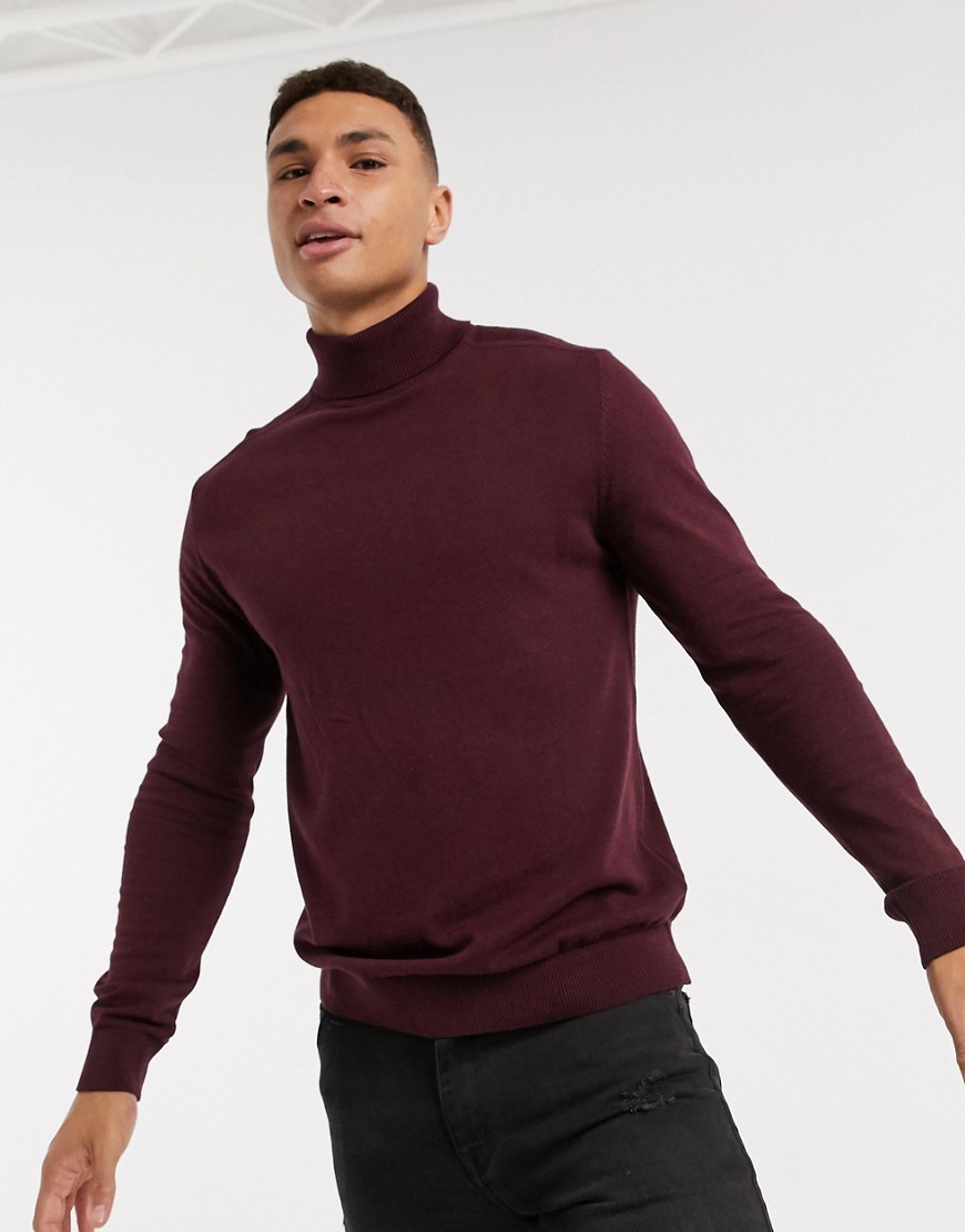 Selected Homme roll neck jumper in burgundy-Red