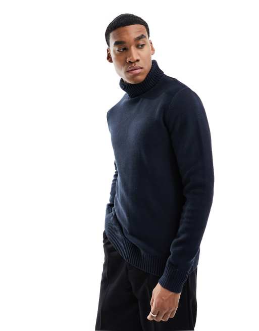 Selected Homme roll neck knit jumper in navy | ASOS