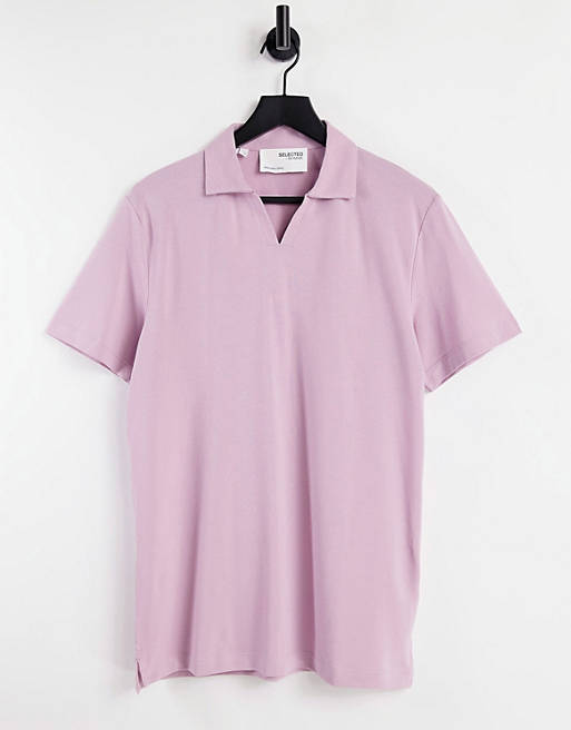 Selected Homme – Różowa koszulka polo z kołnierzykiem kubańskim, z bawełny organicznej