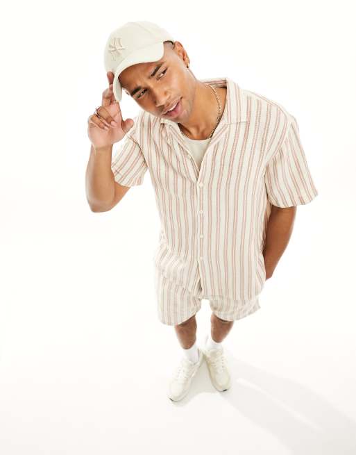 Selected Homme - Ruimvallend overhemd van zwaar katoen in beige met strepen, deel van co-ord set